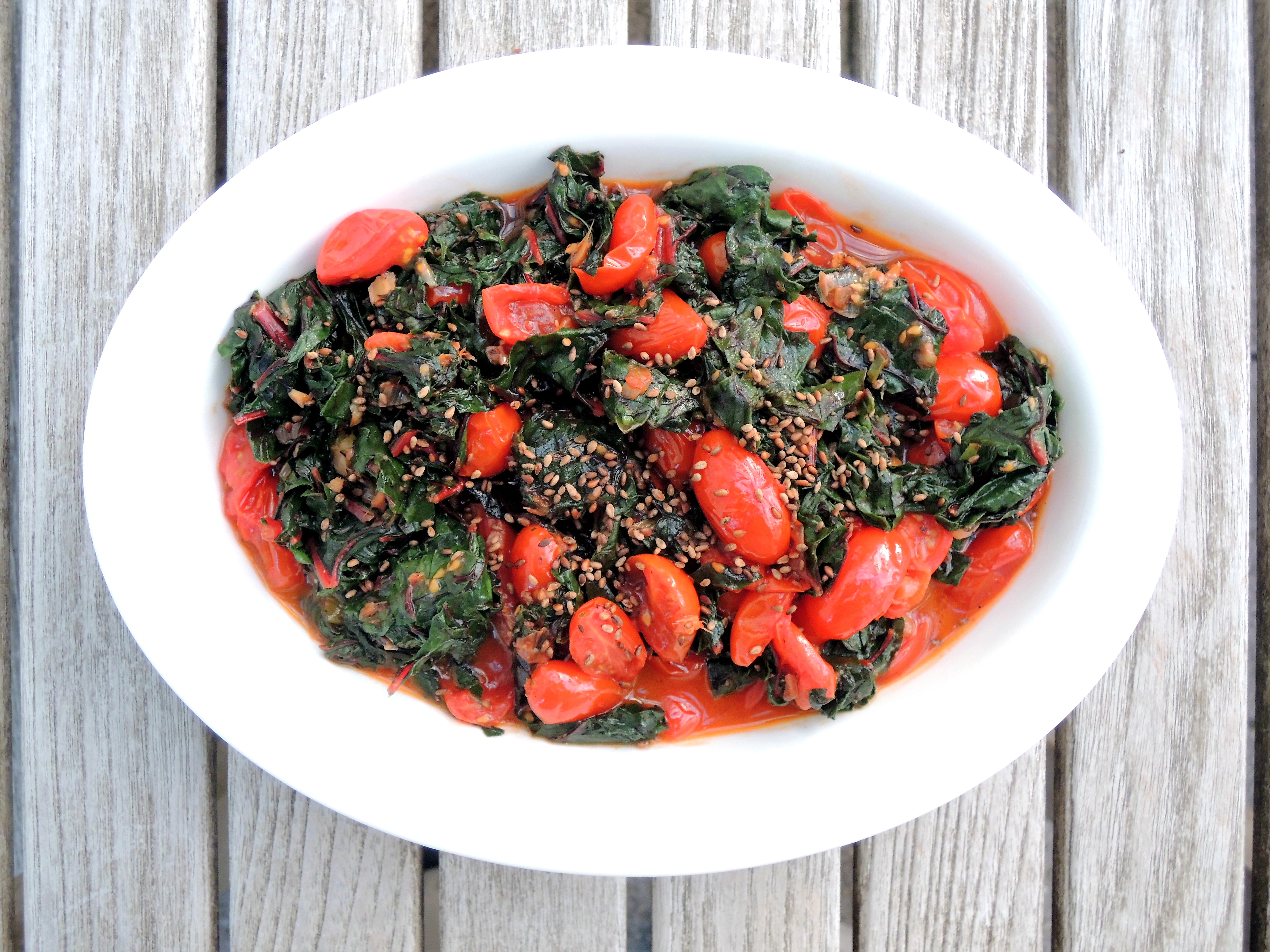 STIR-FRIED SWISS CHARD WITH SEARED TOMATOES