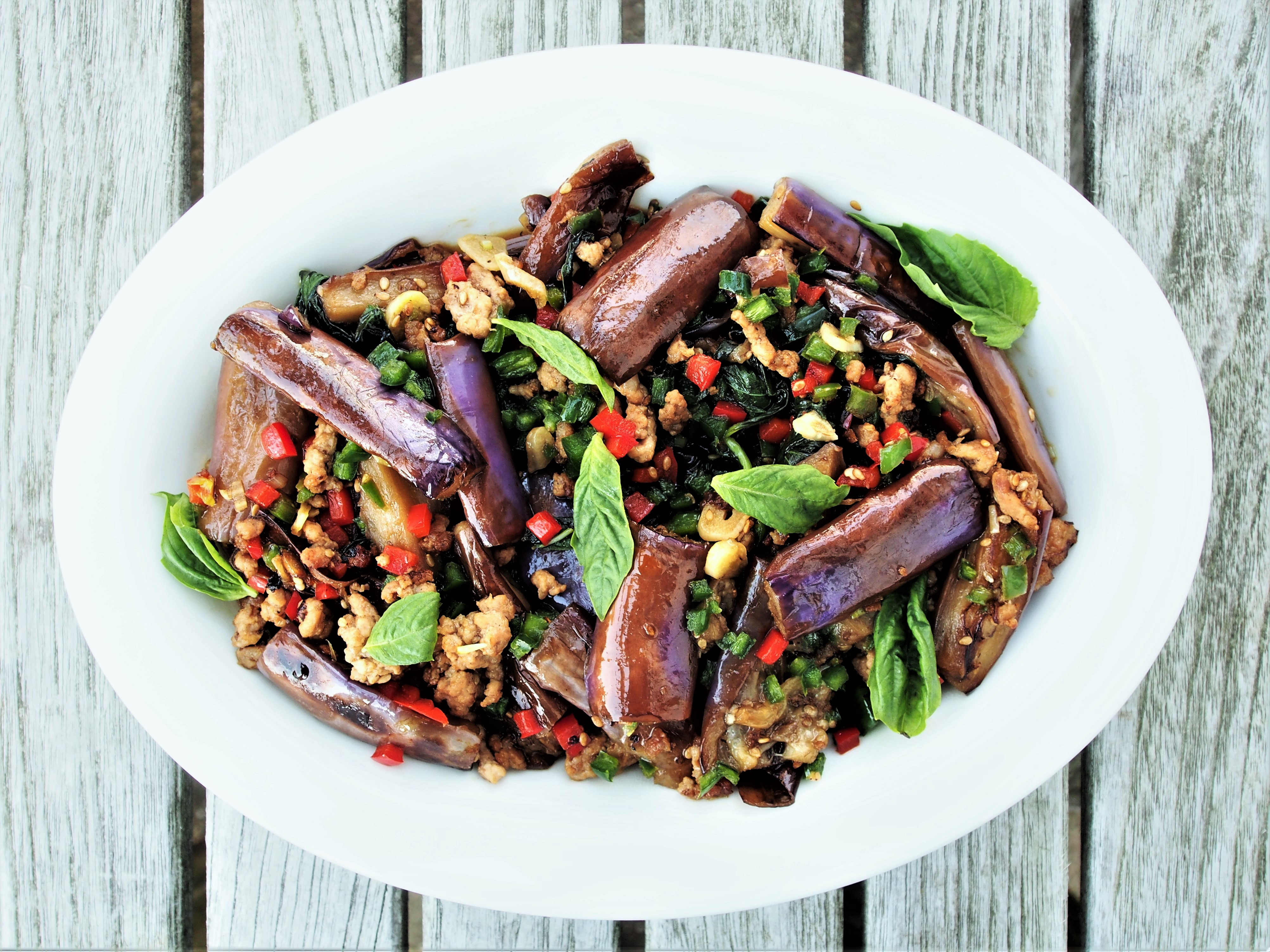 STIR FRIED JAPANESE EGGPLANT WITH BASIL AND CHILES