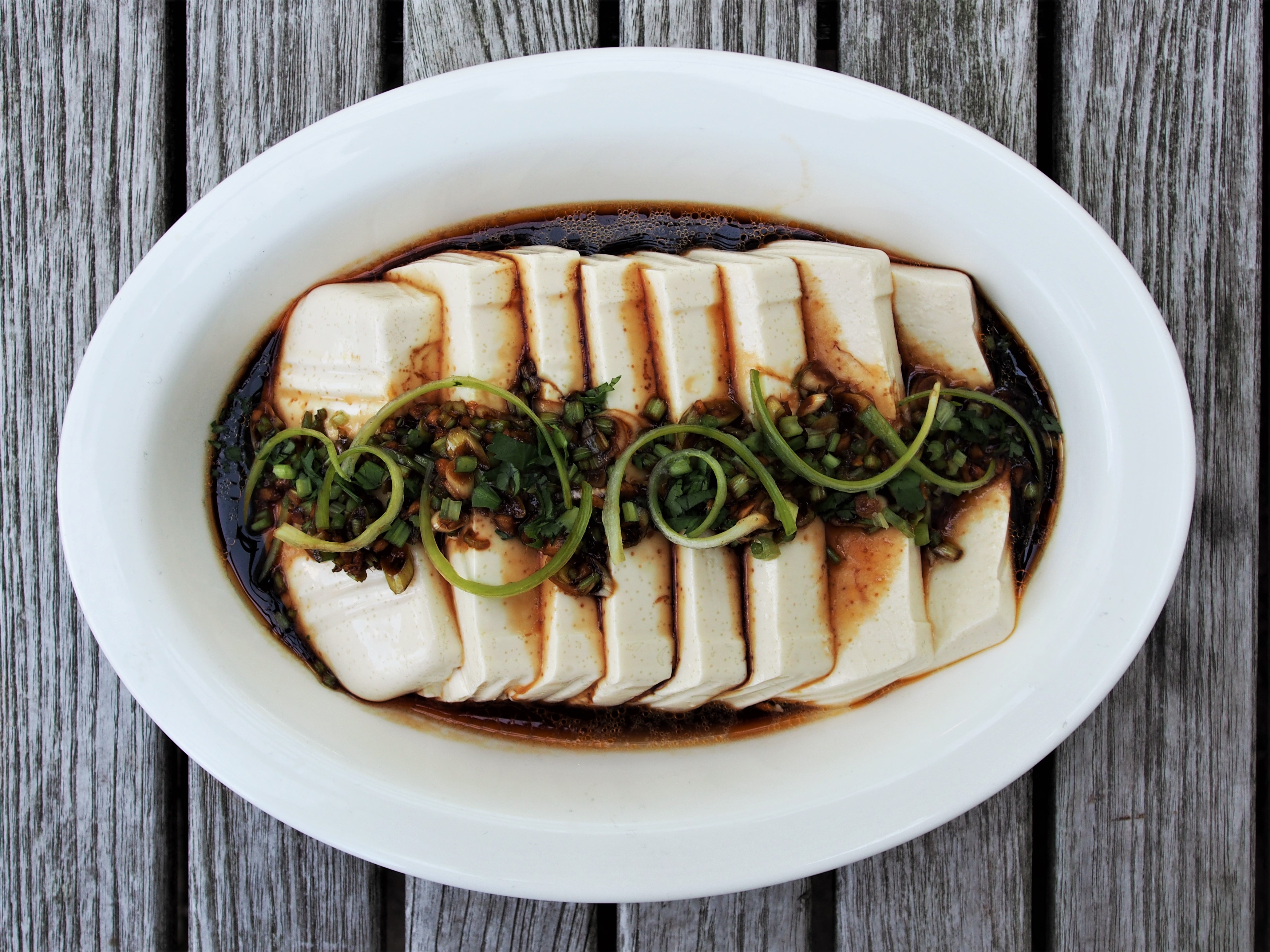 CHILLED SILKEN TOFU WITH GINGER, SPRING ONION AND VINEGAR DRESSING