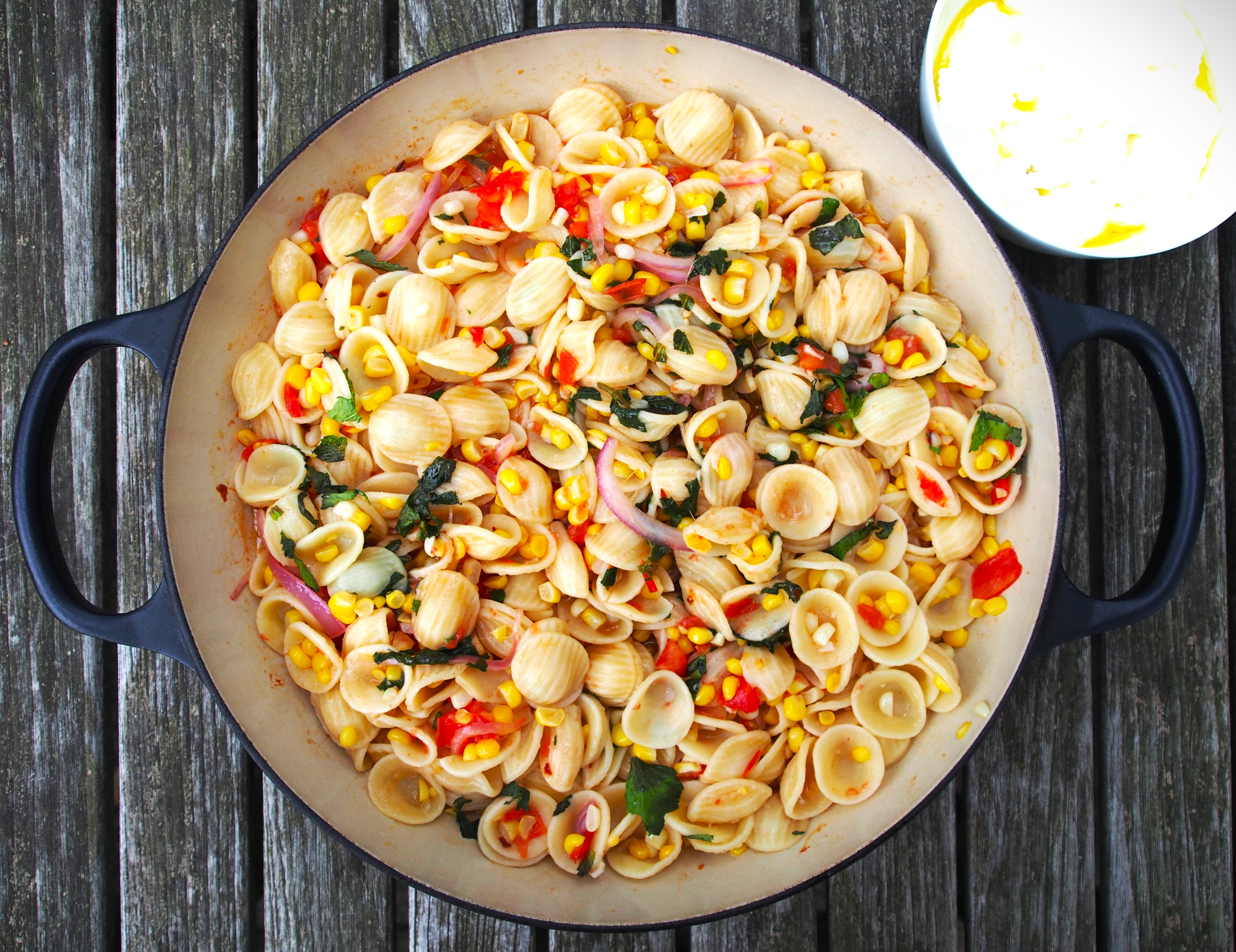 ORECCHIETTE WITH CORN, MINT, RED ONIONS AND TOMATOES